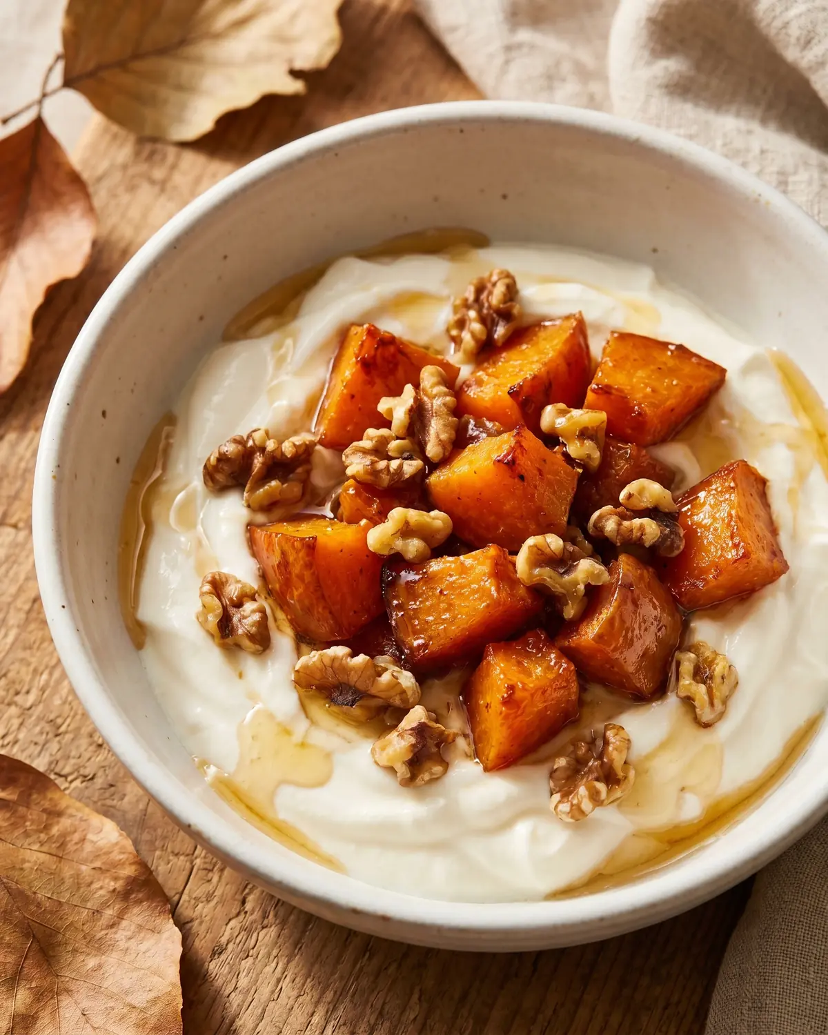 Detail van yoghurt met geroosterde pompoen en walnoten op wit keramiek in zachte herfstkleuren.