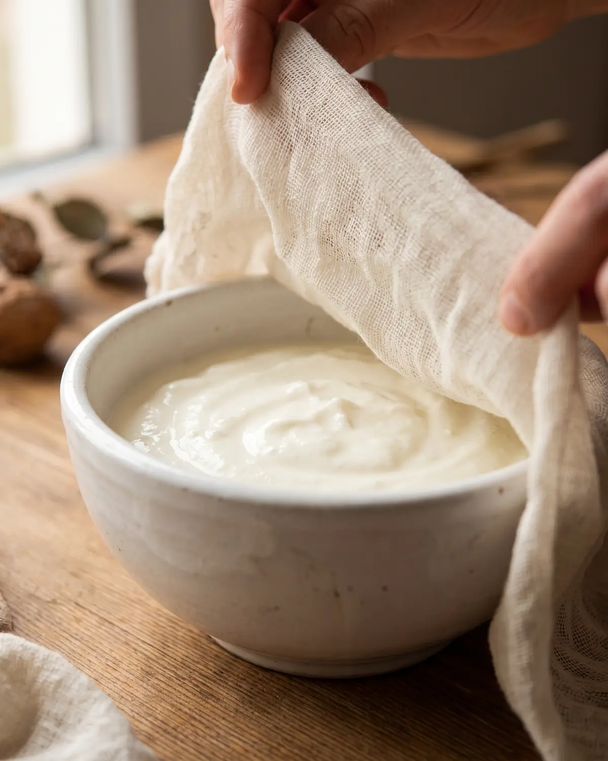 verschil kefir en yoghurt Ruwe doek die over de opening van een yoghurtpot valt, met onscherpe vingers op de achtergrond.